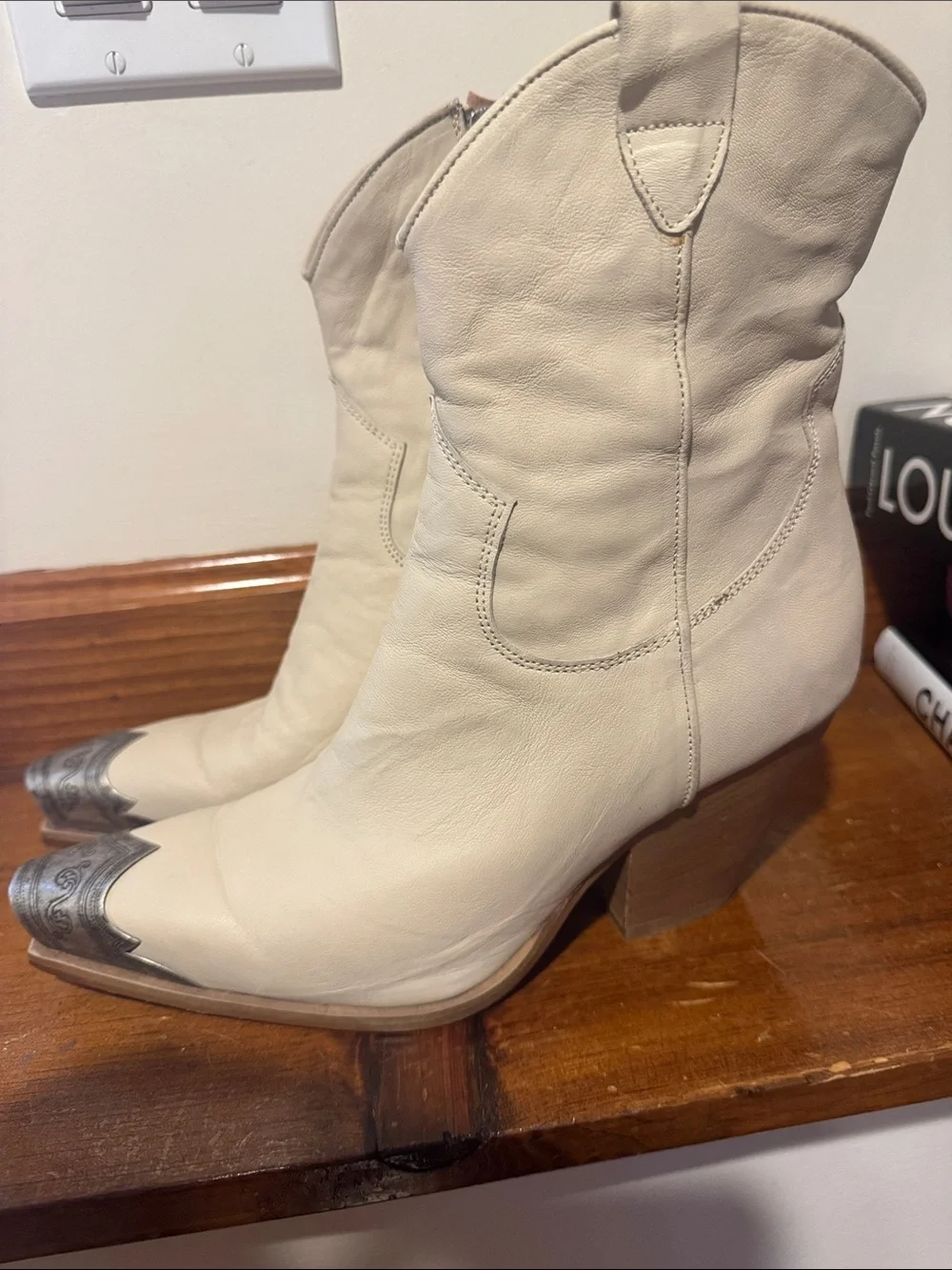 Cream Western Leather Ankle Boots with Silver Toe Cap
